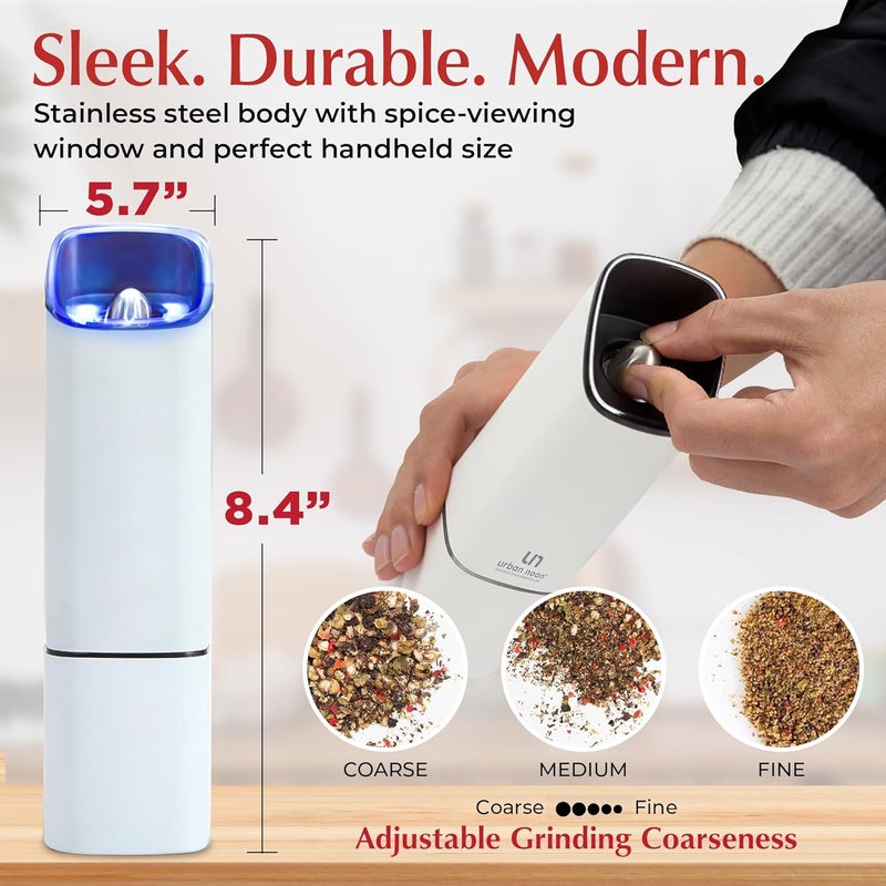 urban noon Automatic Salt and Pepper Grinder Set - Rechargeable Electric Salt and Pepper Shakers with Adjustable Coarseness, LED Light, One-Handed Use, Gravity Salt Grinder and Electric Pepper Mill - Image 5